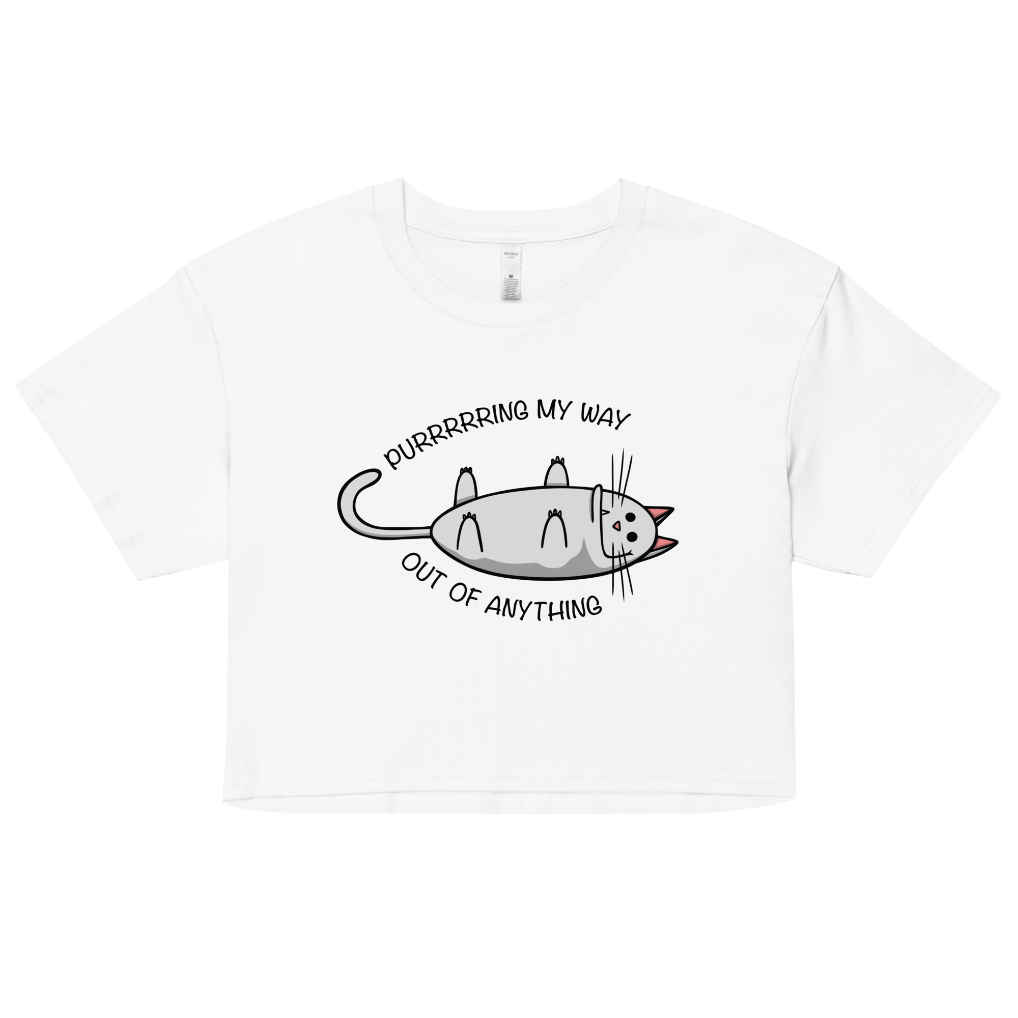 purring pussycat in cartoon style on white crop top for women