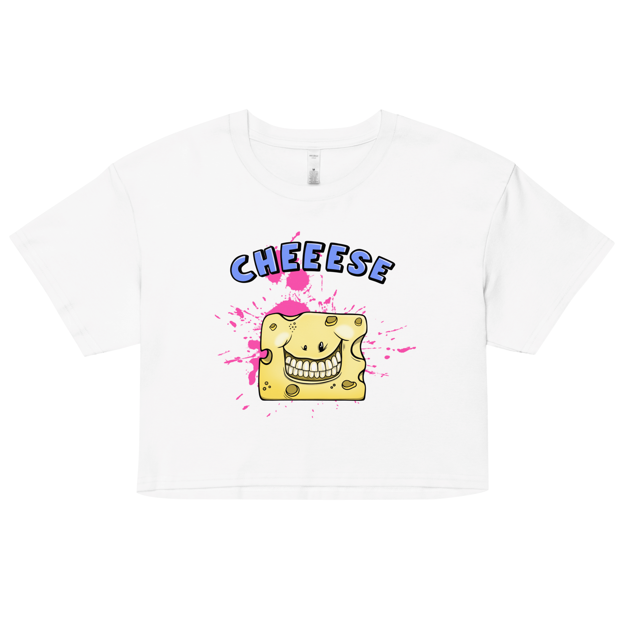 white crop top with a happy cheese drawing in cartoon style