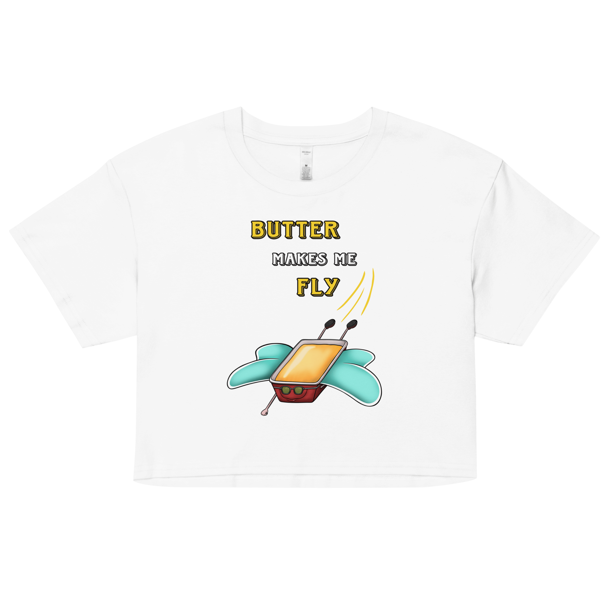 funny flying butter with wings on women’s crop top white