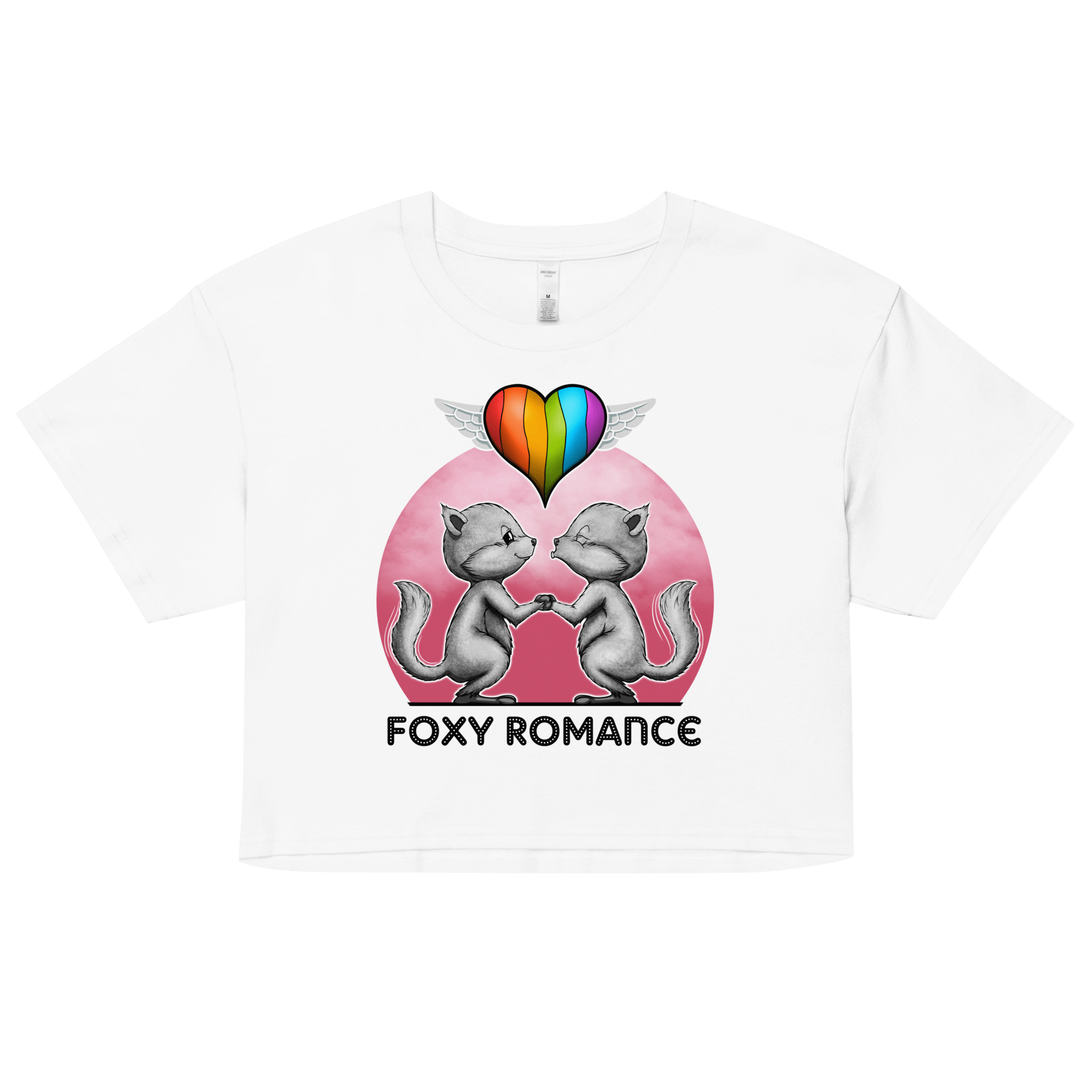 women’s crop top white with heart shaped pride flag and snow foxes 