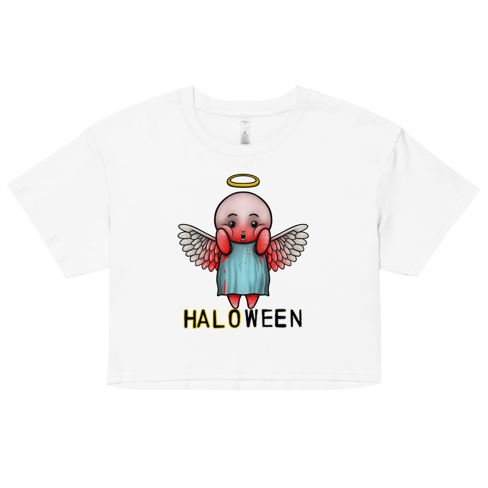 women's crop top white with cartoon angel with halo and blood